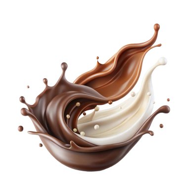 Realistic Milk and chocolate splash swirls and flow. Melted brown choco and milky waves with drops png background clipart