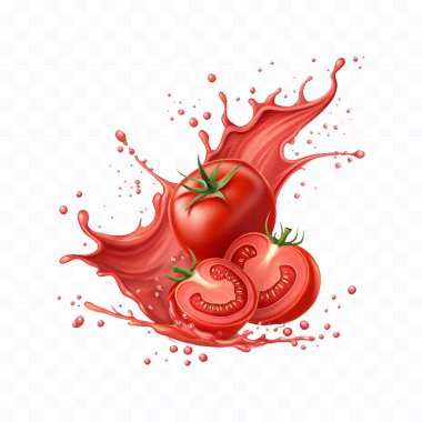 abstract 3d Splashes of tomato ketchup or red liquid tomato juice isolated on white background clipart