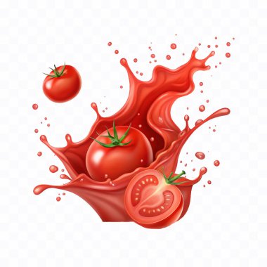 abstract 3d Splashes of tomato ketchup or red liquid tomato juice isolated on white background clipart