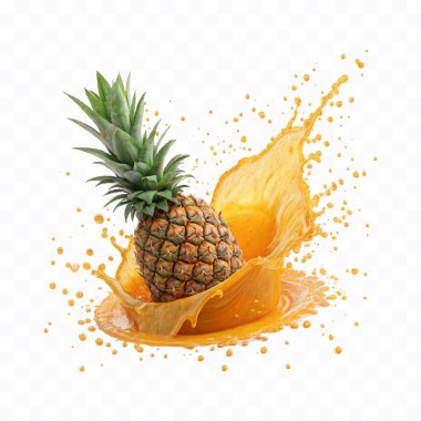 Gerçekçi 3D portakal suyu. Beyaz arka planda izole edilmiş ananas suyu.