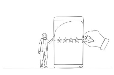 Elinde cep telefonu olan ve beş yıldızlı bir iş kadını tasviri. Bir satır sanat eseri.
