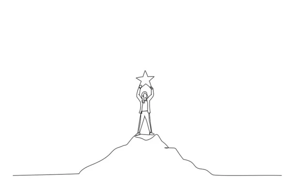 丘の上に立つ実業家の絵と空から明るい星に触れる 一本の線画 — ストックベクタ