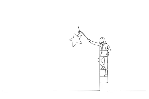 Kadınının Yıldızı Yakalamak Için Tepeye Tırmandığı Merdivenleri Çiziyor Bir Satır — Stok Vektör