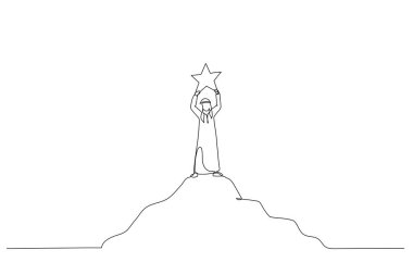 Tepenin tepesinde duran ve gökyüzünden parlak bir yıldıza dokunan Arap işadamı tasviri. Tek satır aralıksız sanat styl