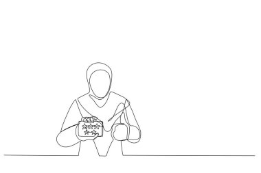 Müslüman bir kadının beş sarı yıldız kartı ve baş parmak göstermesi. Tek satır resim stili