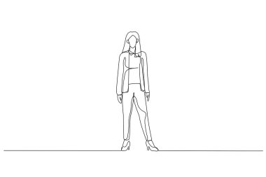 Ayakta duran ve kameraya poz veren bir iş kadını resmi. Tek satır aralıksız sanat styl