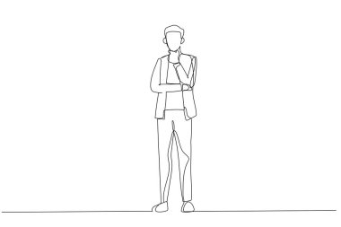 Çapraz kollu ve elleri çenesinde olan takım elbiseli bir işadamı çizgi filmi. Bir satır sanat eseri.