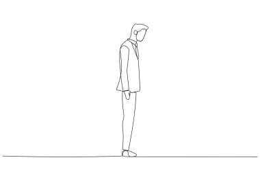 Tam uzunluktaki çizgi film işadamı ayakta duruyor. Bir satır sanat eseri.