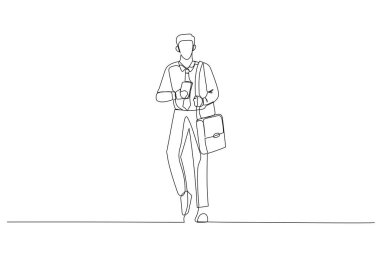 Akıllı telefon ve laptop çantası taşıyan başarılı iş adamlarının çizgi filmi. Bir tane aralıksız resim stili.