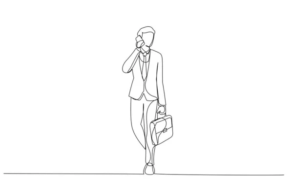 Tecknad Affärsman Kostym Med Väska Telefonen Linje Konst Stil — Stock vektor