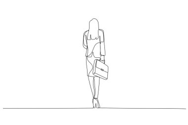 El çantasıyla yürüyen genç bir iş kadını resmi. Dikiz aynası. Tek satır aralıksız sanat styl