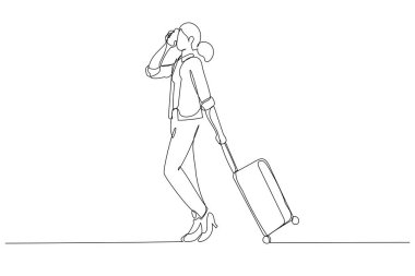 Bavulla yürüyen ve havaalanında cep telefonuyla konuşan bir iş kadını karikatürü. Bir satır sanat eseri.