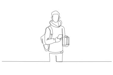 Akıllı telefonlu mutlu genç öğrencinin çizimi. Tek satır aralıksız sanat styl