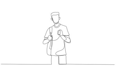 Omzunda çanta taşıyan başarılı genç bir öğrencinin çizimi. Aralıksız çizgi sanatsal styl