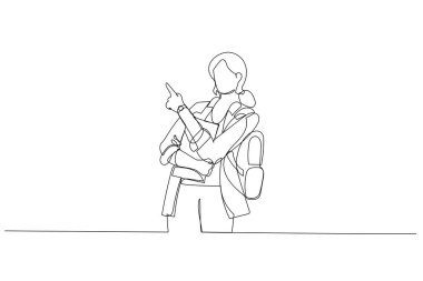 Dizüstü bilgisayarı tutan bir kadının fotokopi çekmek için ellerini havaya kaldırması. Sırt çantası takıyor. Tek satır aralıksız sanat styl