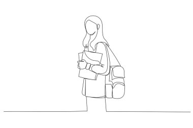 Kampüste elinde kitaplarla duran kız öğrenci karikatürü. Bir tane aralıksız resim stili.