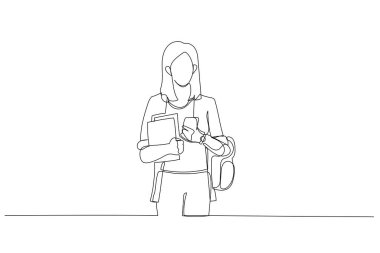 Üniversitede sırt çantalı, cep telefonu ve çalışma kitaplarıyla gezen bir kız öğrenci resmi. Tek satır resim stili