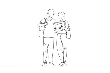 Tablet ve sırt çantalı iki öğrencinin birlikte poz verdiği bir resim. Tek satır aralıksız sanat styl