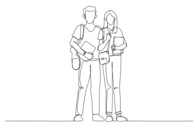 Genç öğrencilerin çizgi filmi kampüsteki kütüphaneye birlikte yürüyorlar. Bir satır sanat eseri.