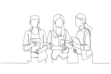 Kampüste eğitim gördükten sonra bir grup mutlu öğrencinin açık havada resmedilmesi. Tek satır aralıksız sanat styl