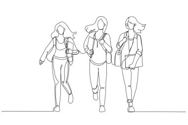 Koşan bir grup kız öğrencinin çizimleri derse geç kalmamaya çalışıyor. Aralıksız çizgi sanatsal styl