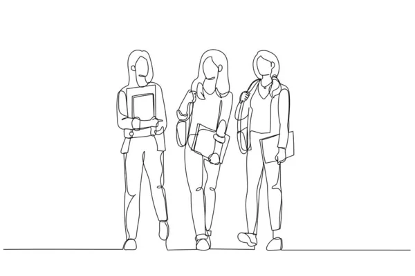 Cartone Animato Gruppo Studentesse Che Camminano Insieme Uno Stile Linea — Vettoriale Stock