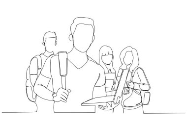 Dizüstü bilgisayarı ve arkadaşları olan genç erkek öğrencilerin çizgi filmi. Bir satır biçimi ar