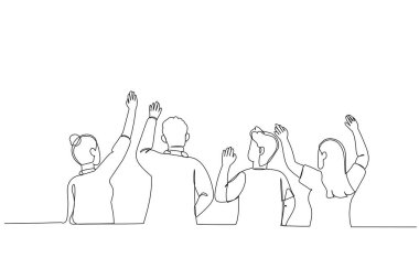 Bir grup insanın yukarı bakıp parmaklarıyla işaret ettiği bir görüntü. Tek satır aralıksız sanat styl