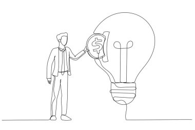 Ampulün içine para koyan işadamının çizimi. Yatırım konsepti. Aralıksız satır ar