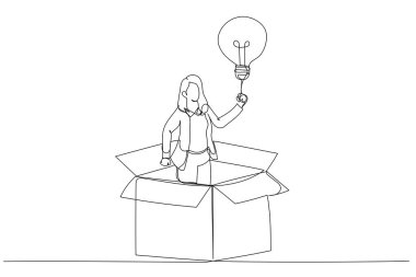 İş kadını çizimi, yeni aydınlatma ampulü fikriyle karton kutudan çıkar. Alışılmışın dışında düşün. Tek satır resim stili
