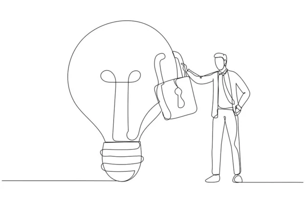 Caricature Homme Affaires Propriétaire Debout Avec Une Idée Ampoule Verrouillée — Image vectorielle