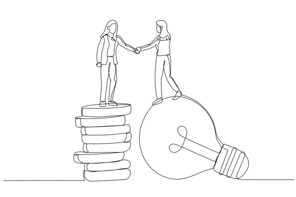 Cartoon Van Een Zakenvrouw Een Gloeilamp Idee Lamp Schudden Handen — Stockvector
