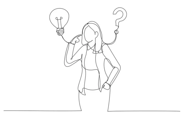 電球や疑問符の問題を解決するための解決策を考えるビジネス女性のイラスト 問題を解決する解決策 一本の連続線画 — ストックベクタ