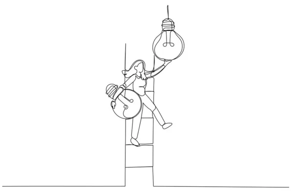 女企业家领袖的画爬上梯子来改变灯泡的想法 转向新的创新 单行艺术风格 — 图库矢量图片