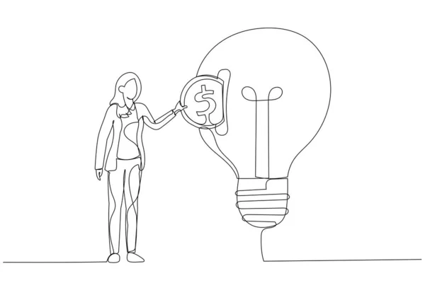 Dessin Femme Affaires Mettant Pièce Monnaie Fente Dans Ampoule Concept — Image vectorielle