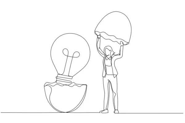 Caricature Femme Affaires Entrepreneur Découvrir Oeuf Incubation Avec Idée Ampoule — Image vectorielle