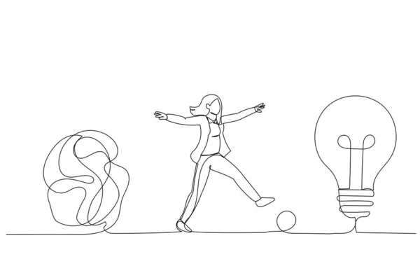 混乱の混乱ラインから簡単な電球のアイデアに離れて歩くスマートビジネス女性の図面 アイデアを単純化する 単連続線型の耳 — ストックベクタ