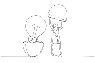 Müslüman iş kadını illüstrasyonu içinde ampul fikri olan yumurtadan çıkan yumurtayı keşfetti. Yeni yaratıcı fikir. Bir satır sanat eseri.