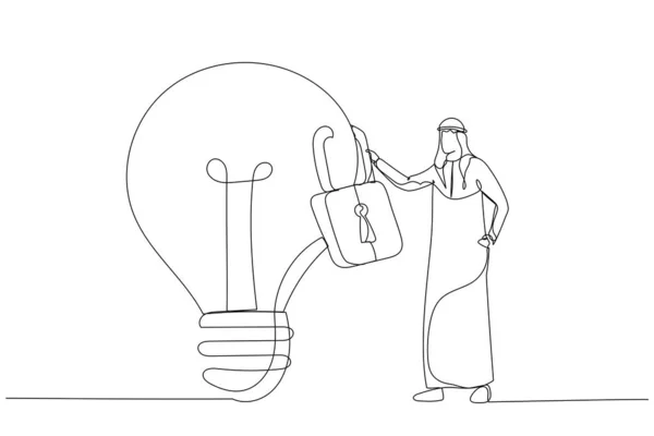 Γελοιογραφία Του Άραβα Επιχειρηματία Ιδιοκτήτη Στέκεται Λάμπα Ιδέα Κλειδωμένη Λουκέτο — Διανυσματικό Αρχείο