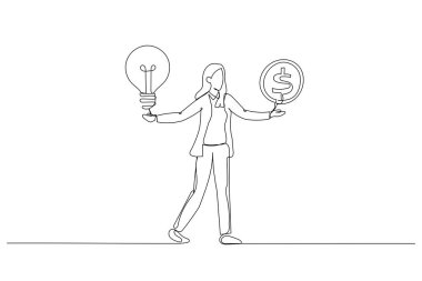 Elinde ampul fikri olan iş kadını çizimi para kazanmaya çalışıyor. Tek satır resim stili