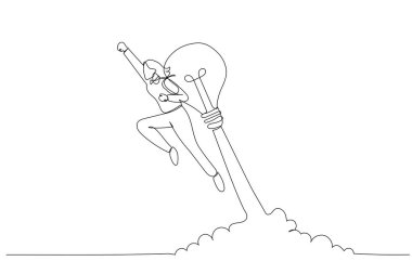 İş kadını çizgi filmi kendini ampul fikri roketi konseptiyle fırlatıyor. Aralıksız satır ar