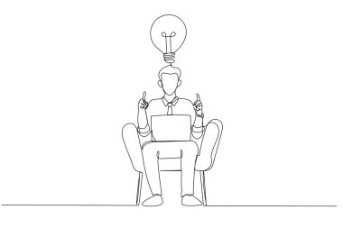 İki eliyle Eureka 'yı işaret eden yaratıcı bir fikri olan bir iş adamı tasviri. Tek satır sanat tarzı