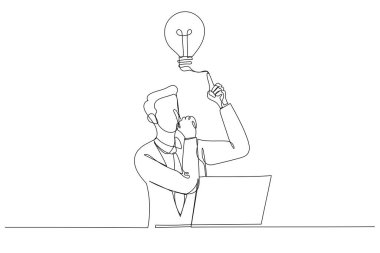 Dizüstü bilgisayarda oturan iş adamının karikatürü ve kafasında ampulle parlak bir fikir var. Aralıksız bir çizgi sanat tarzı