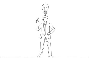 Yenilik ve ilham için ampul metaforu olan bir iş adamı tasviri. Tek satır sanat tarzı