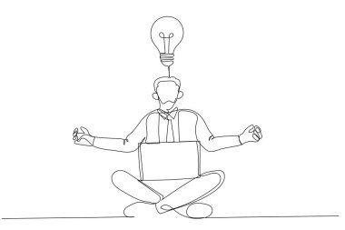 Yoga yapan iş adamlarının dizüstü bilgisayara yoğunlaştığı bir çizgi film. Bir satır sanat tarzı