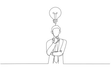 Belden yukarı portre işadamı karikatürü plan yapıyor çene üzerinde el ele tutuşup düşünceli bir şekilde yukarı bakıyor. Aralıksız bir çizgi sanat tarzı