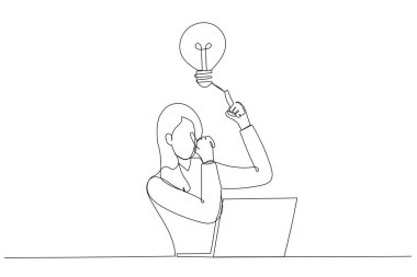 İş kadınının dizüstü bilgisayarda oturduğu ve kafasında ampul olan parlak bir fikir çizimi. Tek satır sanat tarzı