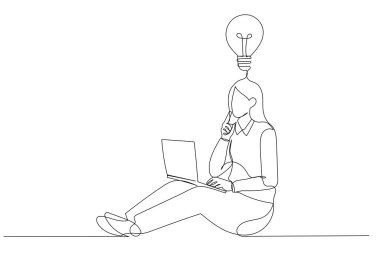 Dizüstü bilgisayarlı genç iş kadınının bir fikri var. Bir satır sanat tarzı