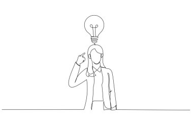Bir iş kadını karikatürü tek parmağıyla kafasını işaret ediyor ve bu fikri hatırlıyor. Aralıksız çizgi sanatı
