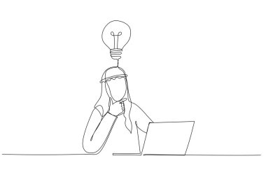 İş yerindeki projeyi düşünen Arap iş adamının çizimi. Tek satır aralıksız sanat biçimi